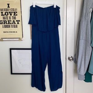 Boutique Brand Naked Zebra Large, navy, silk, off the shoulder jumpsuit